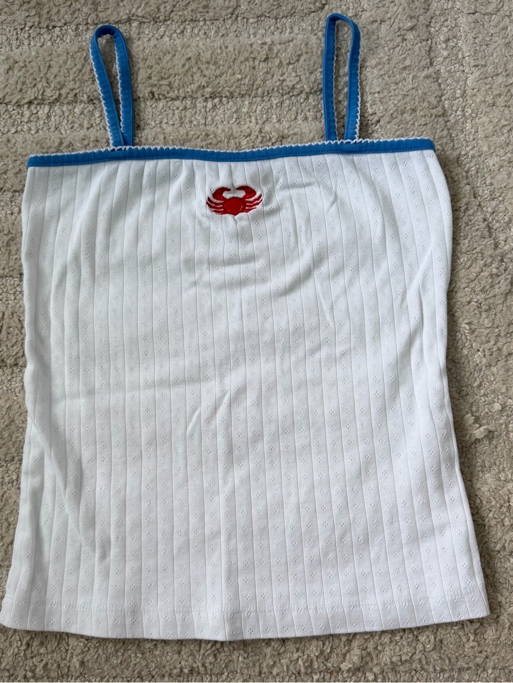 Free People White Ribbed Tank with Blue Trim and Red Crab